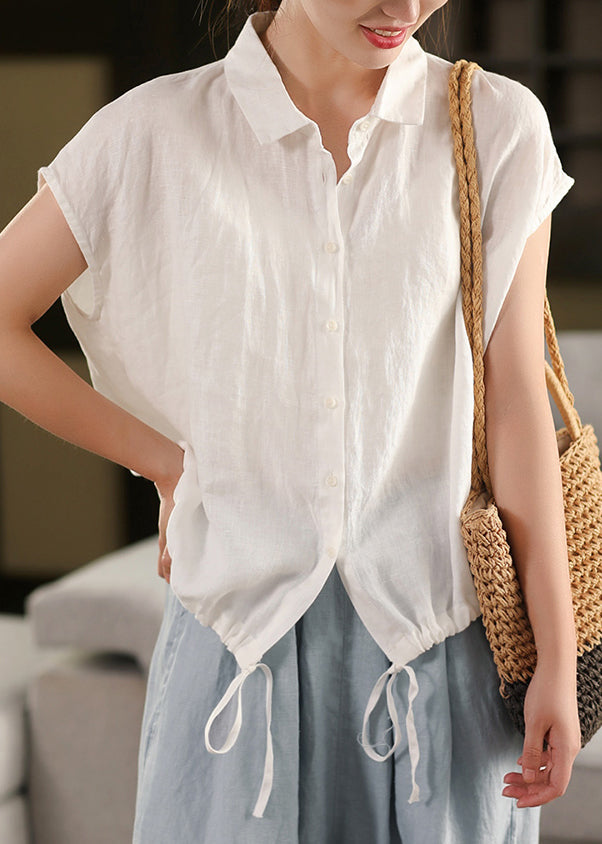 Women White Peter Pan Collar Lace Up Linen Blouse Summer