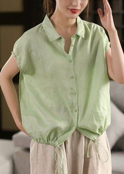 Women White Peter Pan Collar Lace Up Linen Blouse Summer