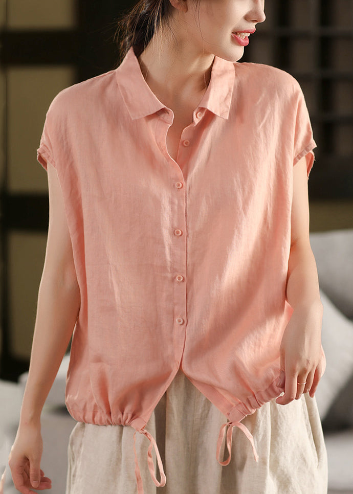 Women White Peter Pan Collar Lace Up Linen Blouse Summer