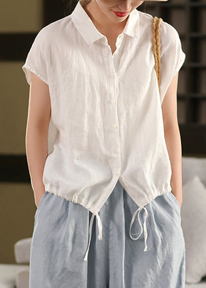 Women White Peter Pan Collar Lace Up Linen Blouse Summer