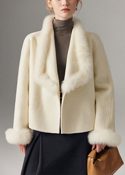 Cárdigan de lana de zorro con cuello Peter Pan blanco para mujer, con patchwork, para invierno