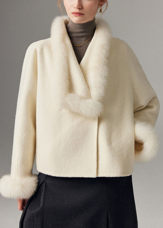 Cárdigan de lana de zorro con cuello Peter Pan blanco para mujer, con patchwork, para invierno