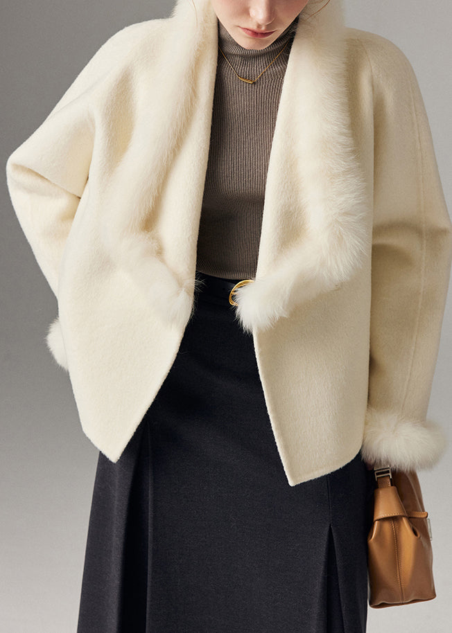 Cárdigan de lana de zorro con cuello Peter Pan blanco para mujer, con patchwork, para invierno