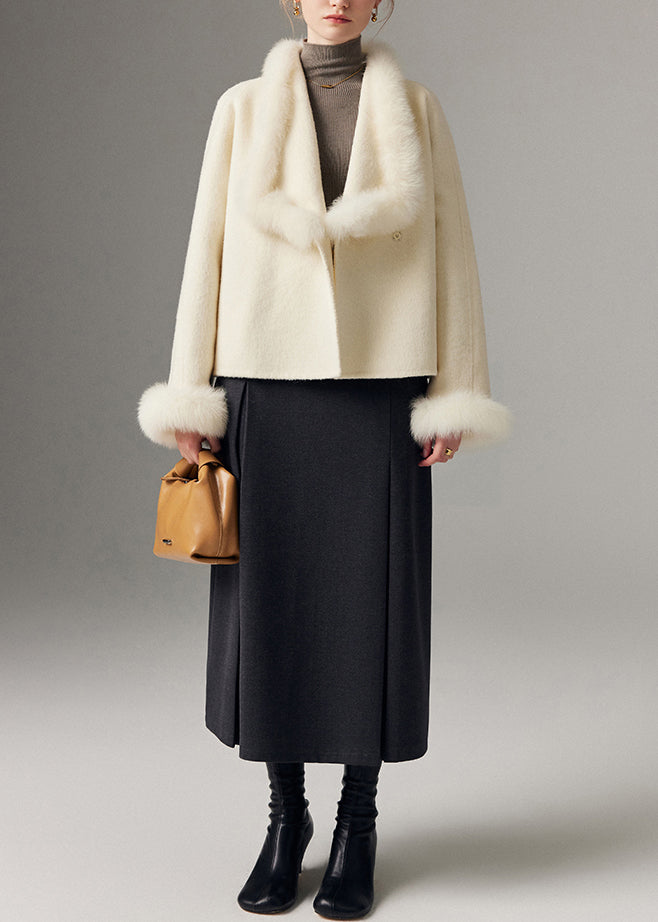 Cárdigan de lana de zorro con cuello Peter Pan blanco para mujer, con patchwork, para invierno