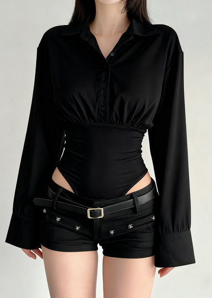 Women White Peter Pan Collar Patchwork Jumpsuits Top Long Sleeve
