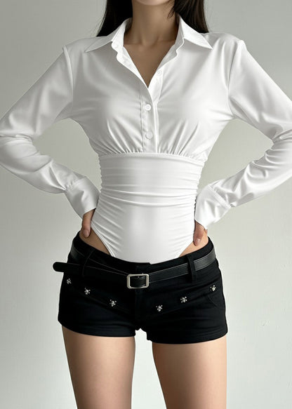 Women White Peter Pan Collar Patchwork Jumpsuits Top Long Sleeve