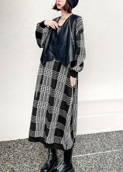 Damen Weiß Kariertes Lässiges Herbst Strickkleid