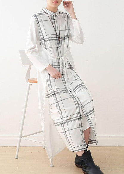 Women White Plaid Peter Pan Collar long Shirts Fall Party Dress - SooLinen
