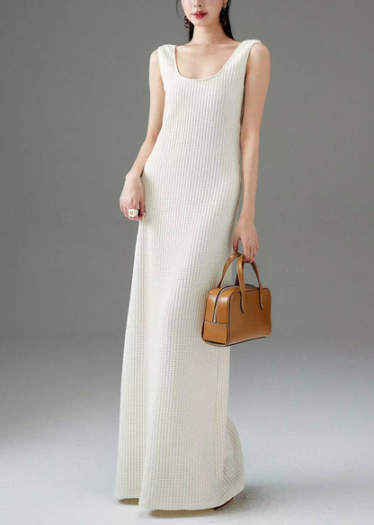 Women White Plaid Solid Cotton Long Dress Sleeveless
