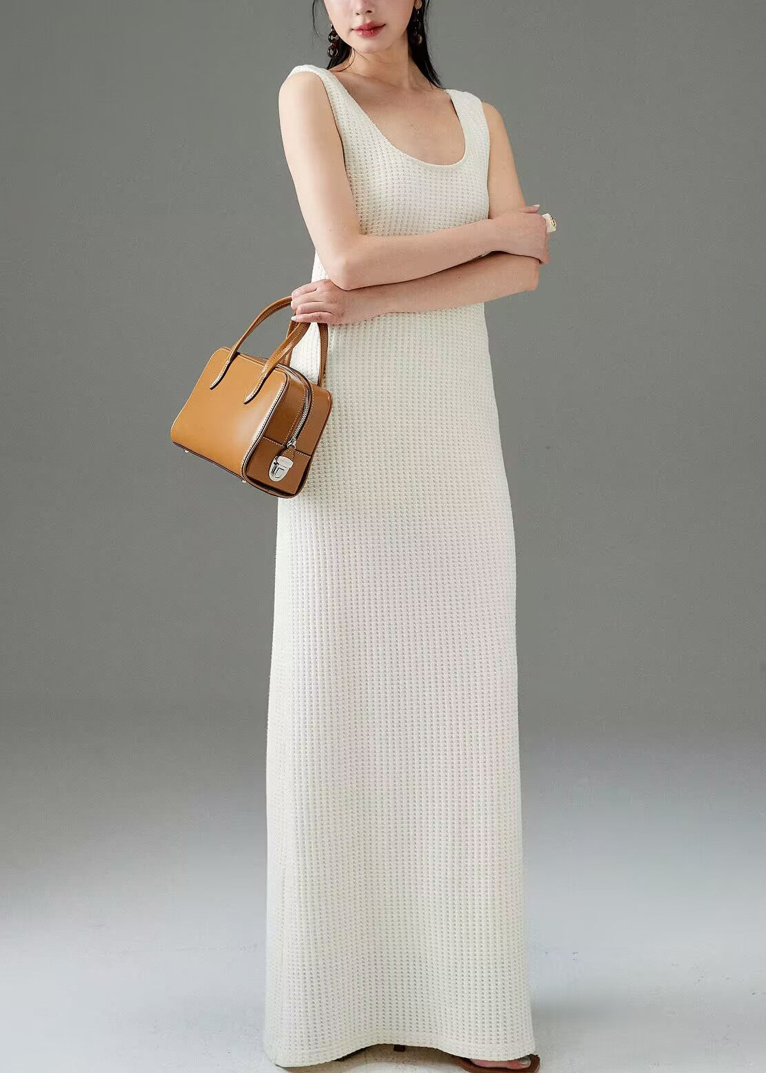 Women White Plaid Solid Cotton Long Dress Sleeveless