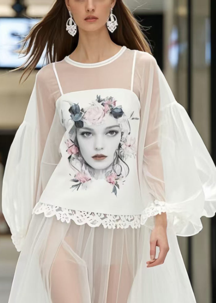 Women White Print Patchwork Lace Perspective Dress Lantern Sleeve