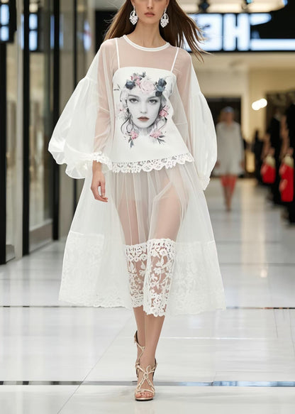 Women White Print Patchwork Lace Perspective Dress Lantern Sleeve