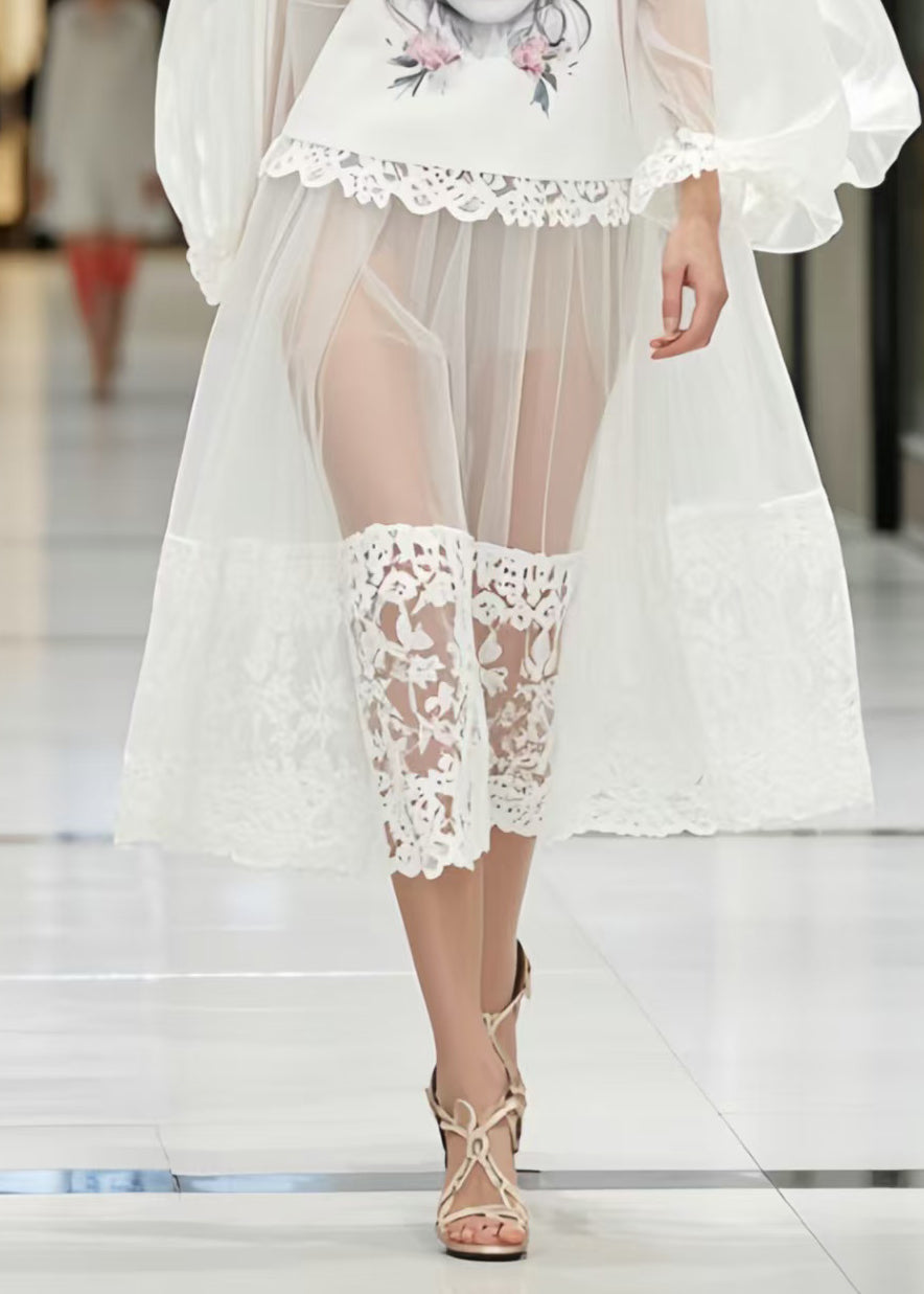 Women White Print Patchwork Lace Perspective Dress Lantern Sleeve