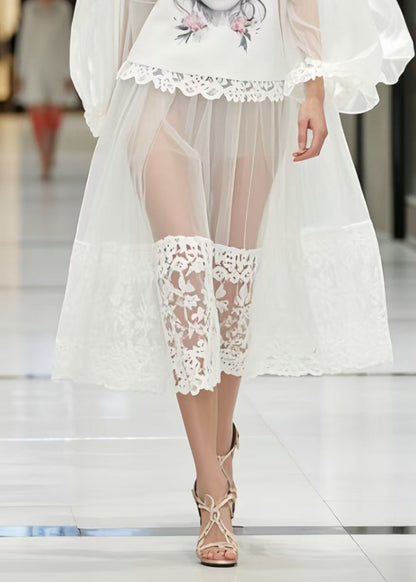 Women White Print Patchwork Lace Perspective Dress Lantern Sleeve