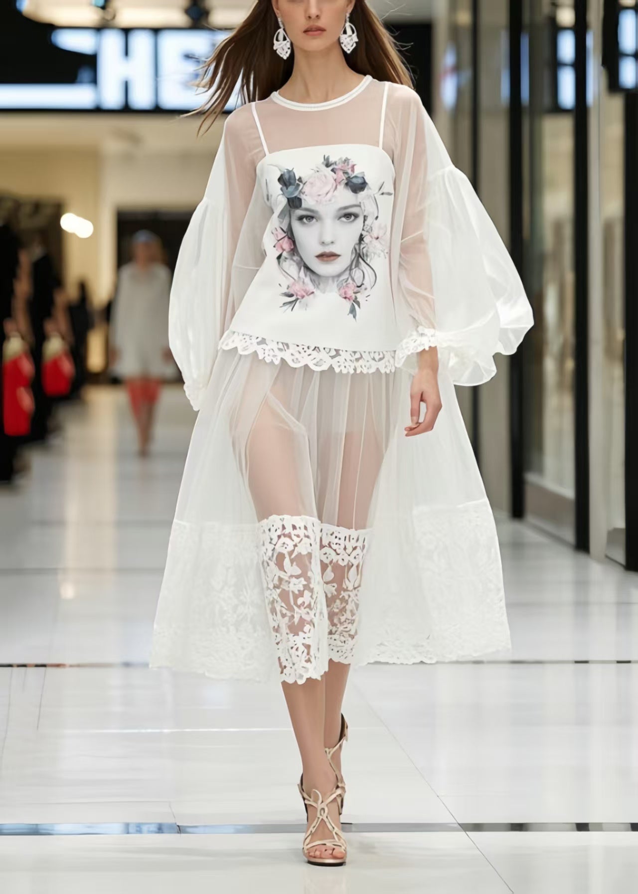 Women White Print Patchwork Lace Perspective Dress Lantern Sleeve