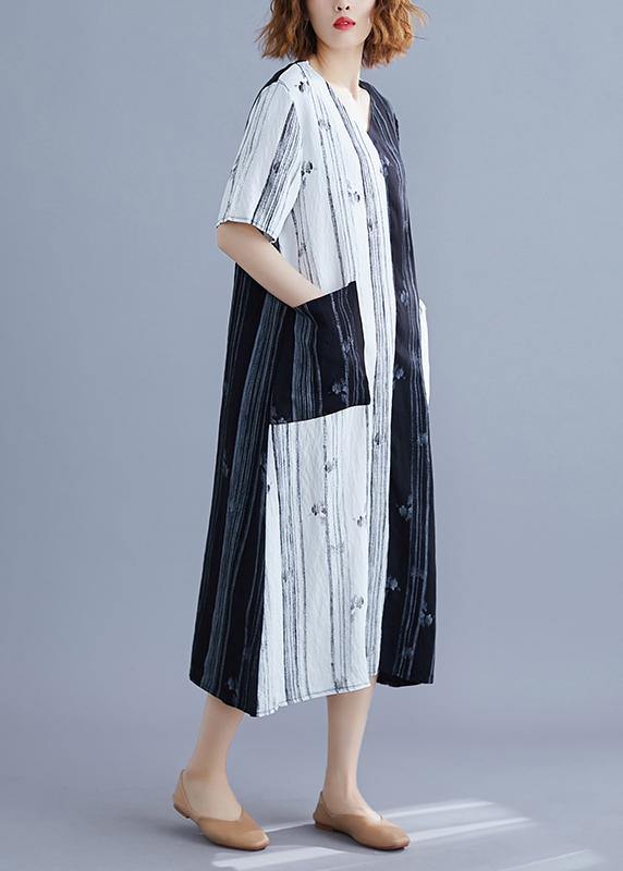 Women White Print V Neck Turn-down Collar Summer Maxi Dress - SooLinen