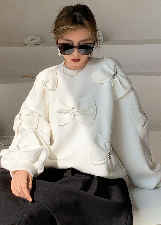 Frauen Weiß Puff Ärmel Baumwolle Lose Sweatshirts Top Frühling