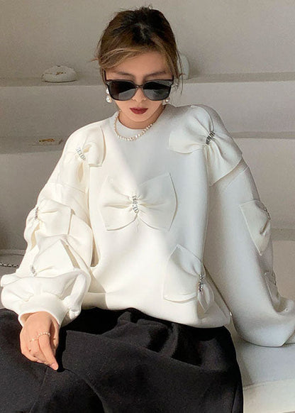 Frauen Weiß Puff Ärmel Baumwolle Lose Sweatshirts Top Frühling