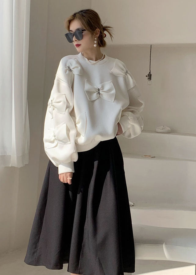 Frauen Weiß Puff Ärmel Baumwolle Lose Sweatshirts Top Frühling