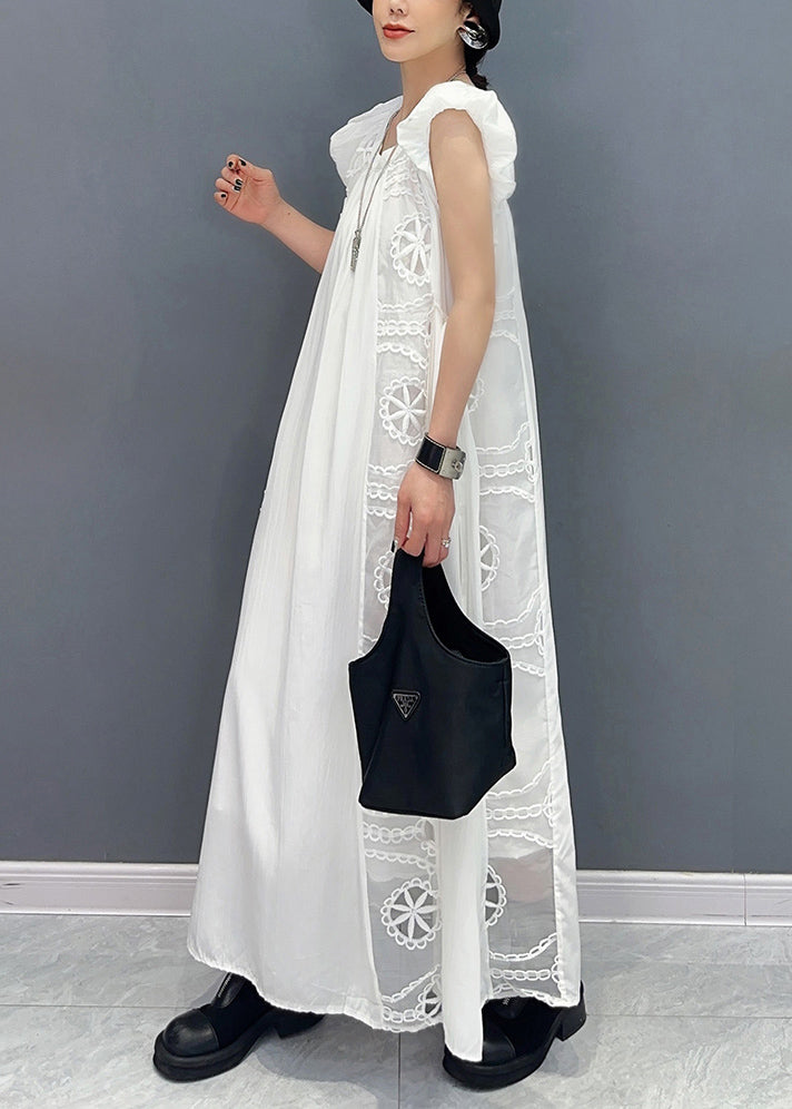 Women White Puff Sleeve Patchwork Lace A Line Dress Sleeveless