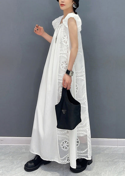 Women White Puff Sleeve Patchwork Lace A Line Dress Sleeveless