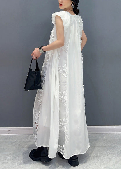 Women White Puff Sleeve Patchwork Lace A Line Dress Sleeveless