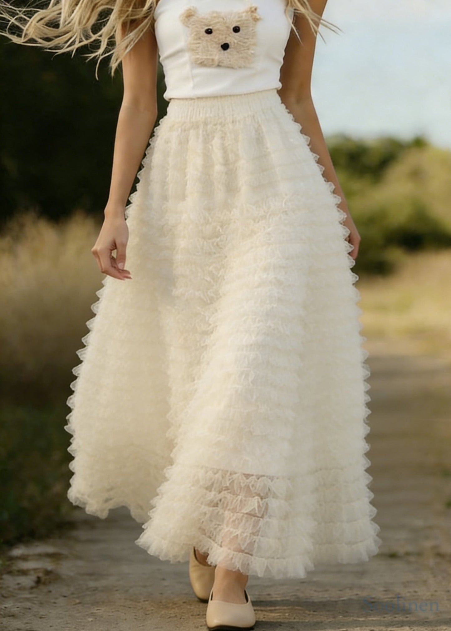 Women White Ruffled Elastic Waist Tulle A Line Skirts Spring