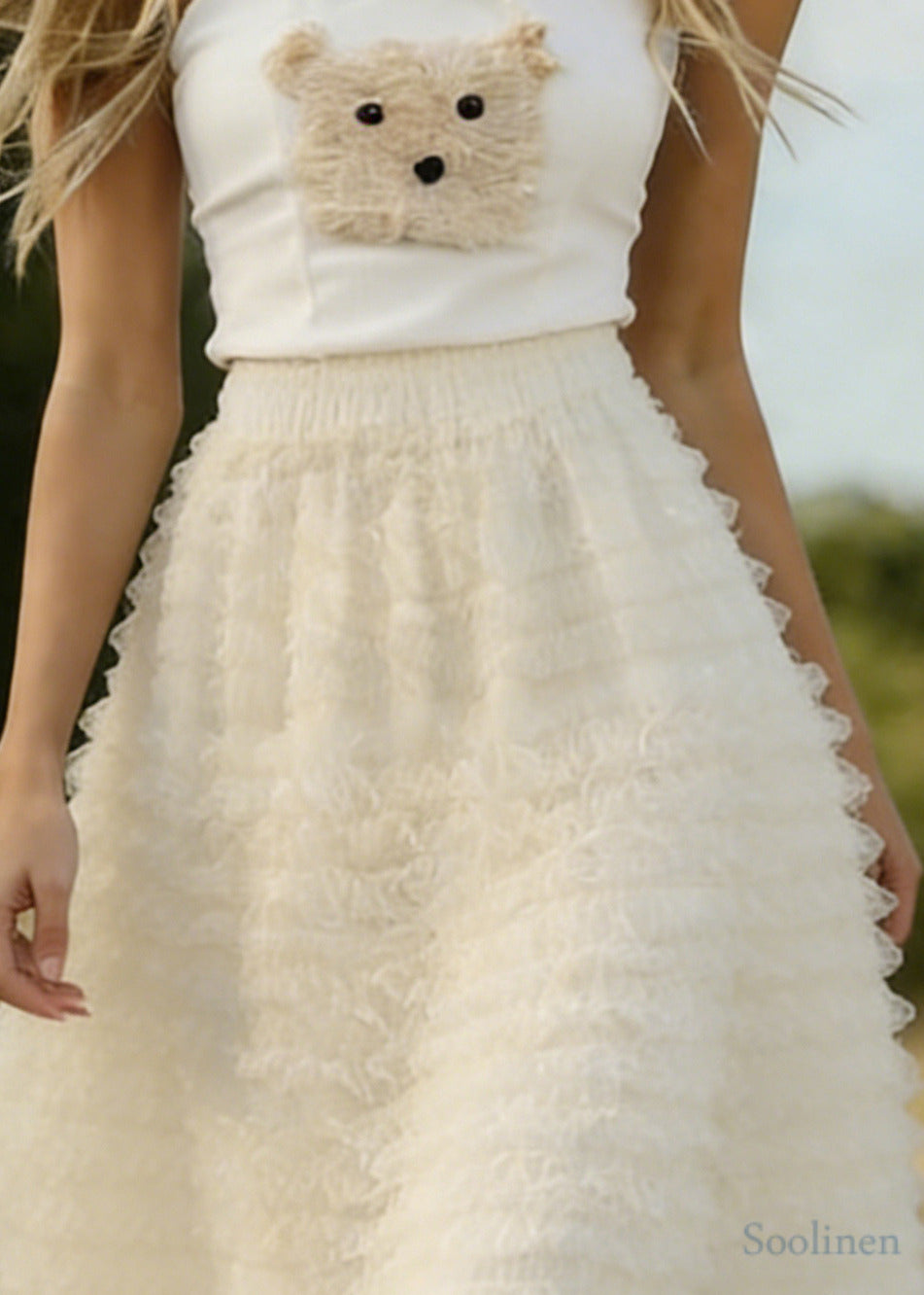 Women White Ruffled Elastic Waist Tulle A Line Skirts Spring