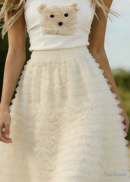 Women White Ruffled Elastic Waist Tulle A Line Skirts Spring
