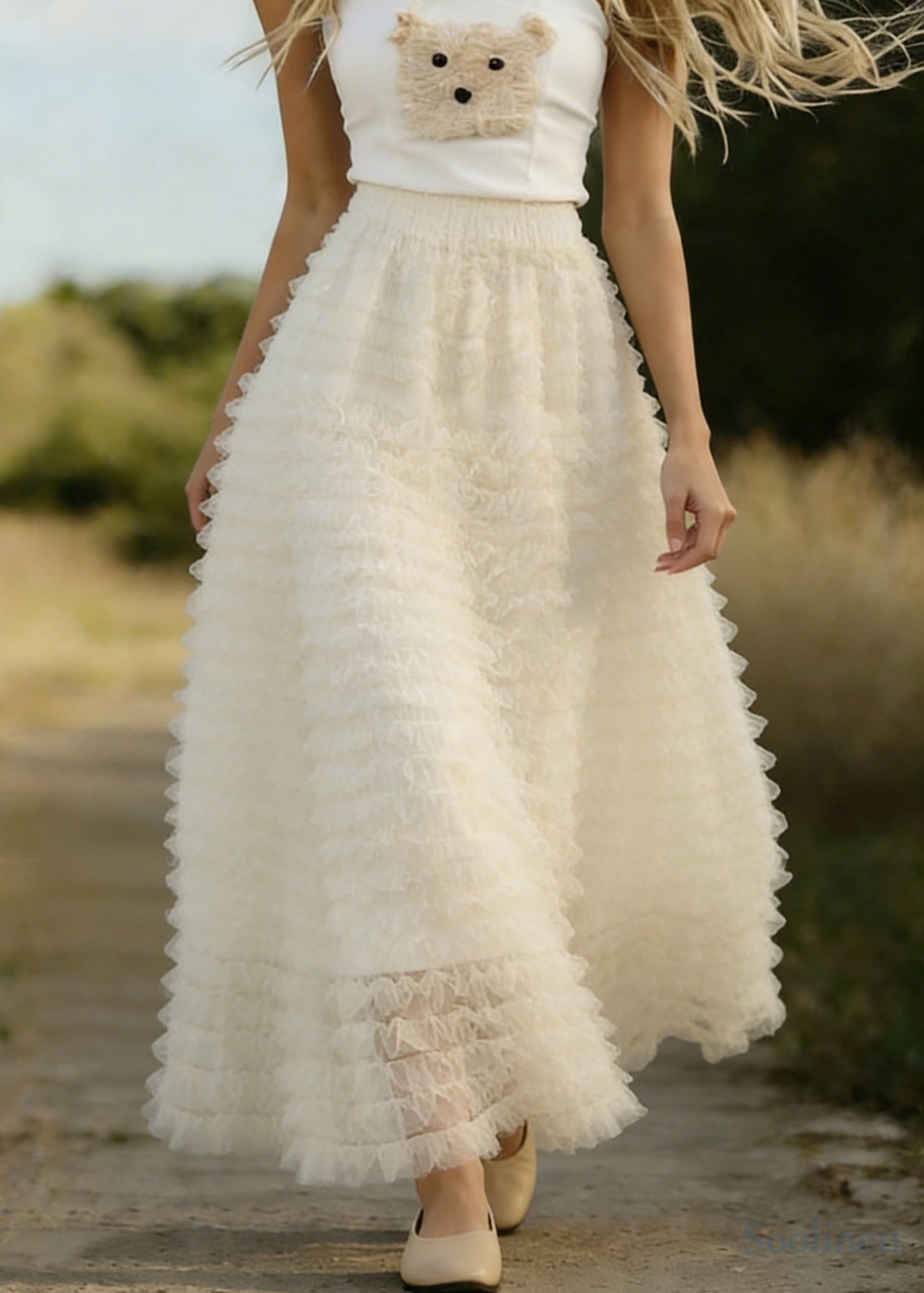 Women White Ruffled Elastic Waist Tulle A Line Skirts Spring