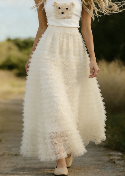 Women White Ruffled Elastic Waist Tulle A Line Skirts Spring