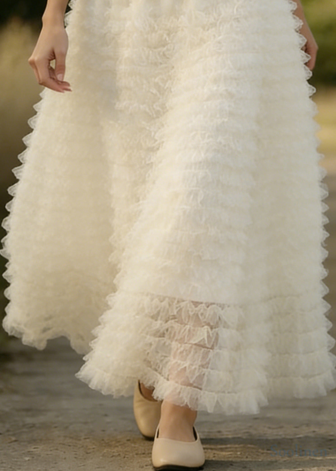 Women White Ruffled Elastic Waist Tulle A Line Skirts Spring
