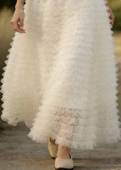 Women White Ruffled Elastic Waist Tulle A Line Skirts Spring