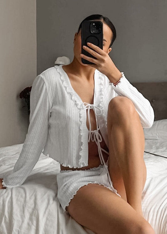 Women White Ruffled Lace Up Knit 2 Piece Outfit Summer