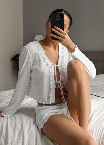 Women White Ruffled Lace Up Knit 2 Piece Outfit Summer