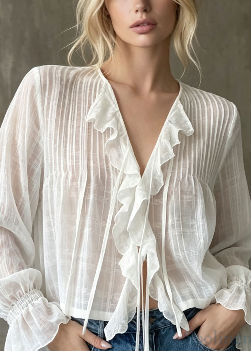 Women White Ruffled Patchwork Cotton Blouse Top Fall