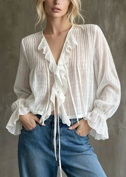 Women White Ruffled Patchwork Cotton Blouse Top Fall
