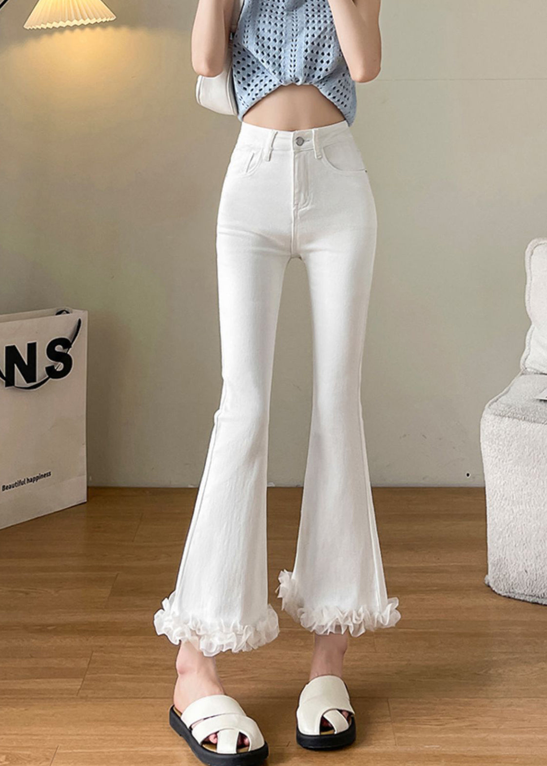Women White Ruffled Patchwork Denim Flare Bottoms Fall