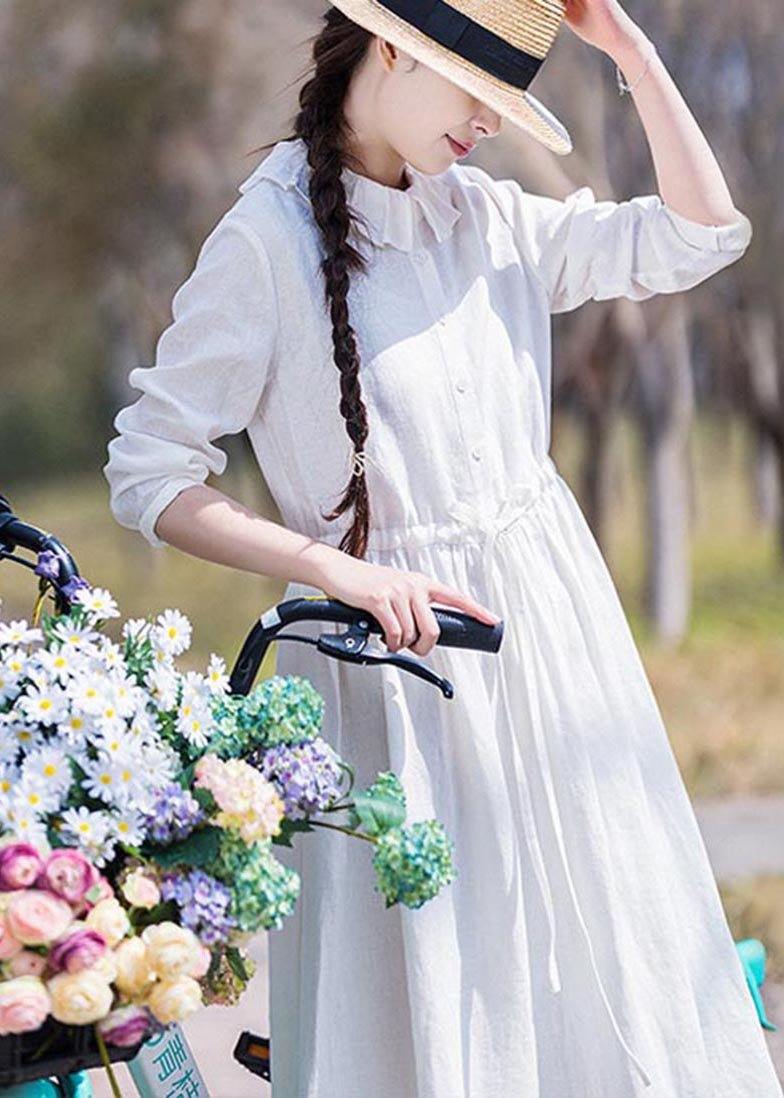 Women White Ruffles Pockets Summer Linen Dress - SooLinen