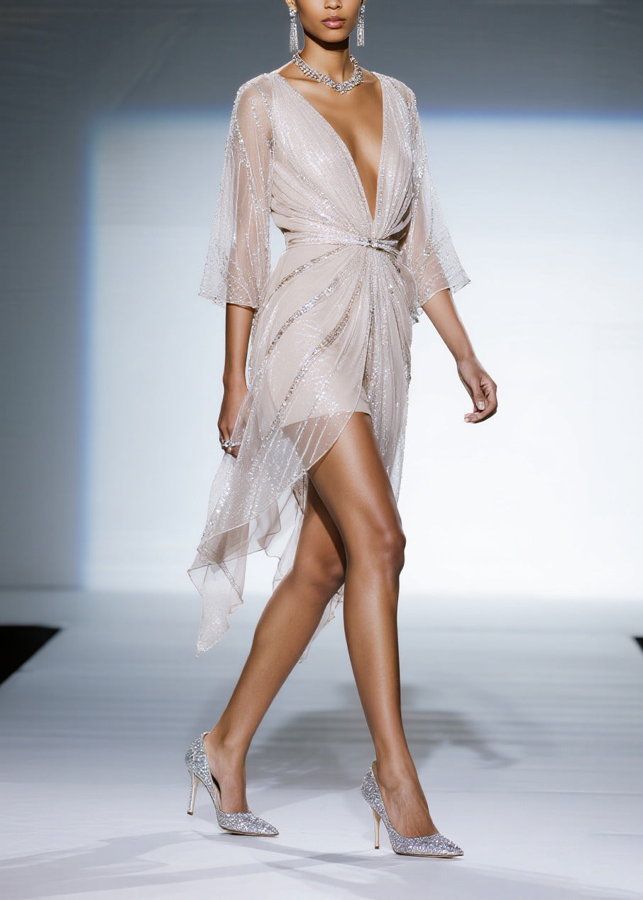 Women White Sequins Sheer Tulle Tea Dress Summer