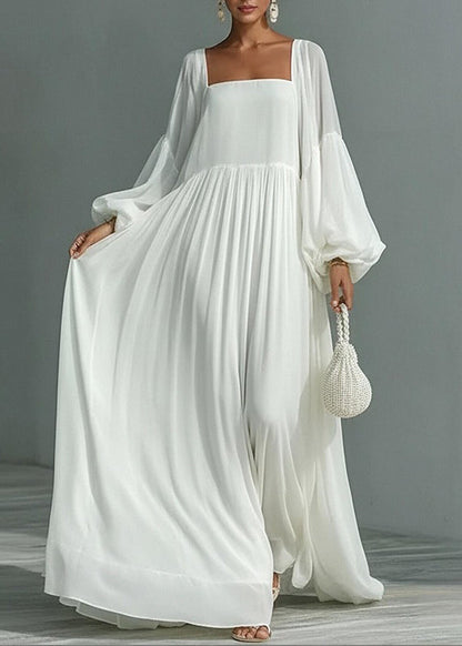 Women White Square Collar Wrinkled Patchwork Cotton Dresses Summer