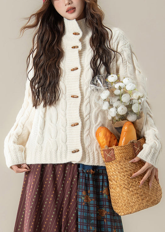 Damen-Wintermantel, weiß, Stehkragen, Knopfleiste, Zopfmuster, Strick, Winter