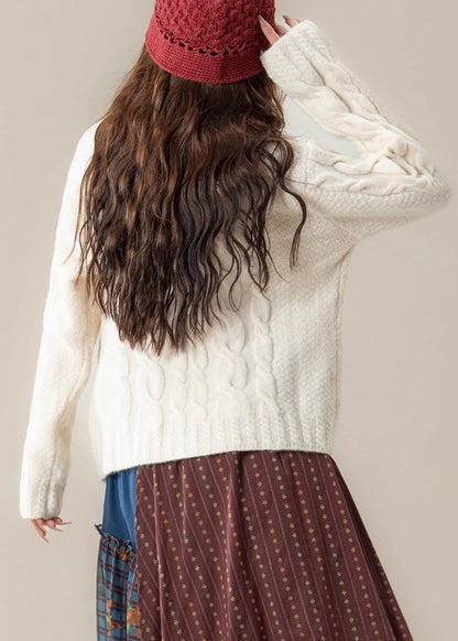 Damen-Wintermantel, weiß, Stehkragen, Knopfleiste, Zopfmuster, Strick, Winter