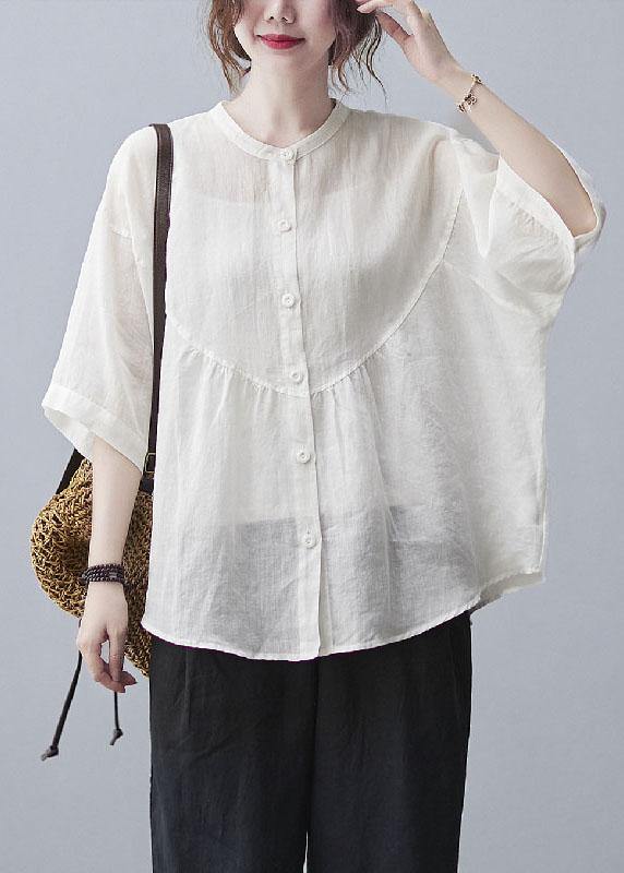 Women White Stand Collar Button Summer Cotton Linen Blouses - SooLinen