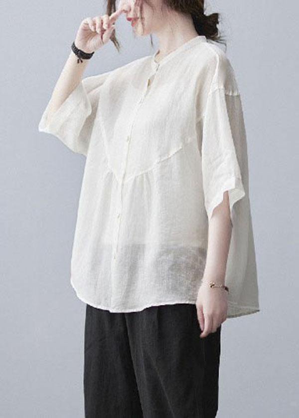 Women White Stand Collar Button Summer Cotton Linen Blouses - SooLinen