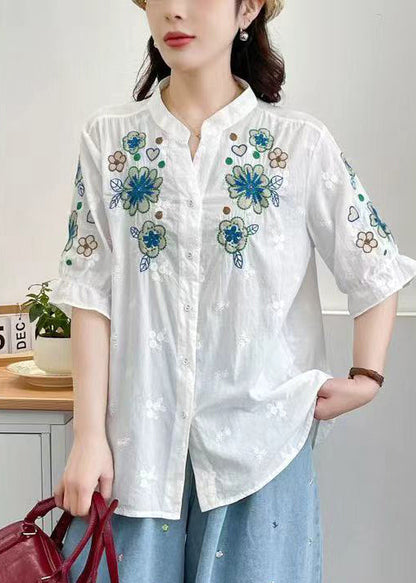 Women White Stand Collar Embroidered Cotton Tops Summer