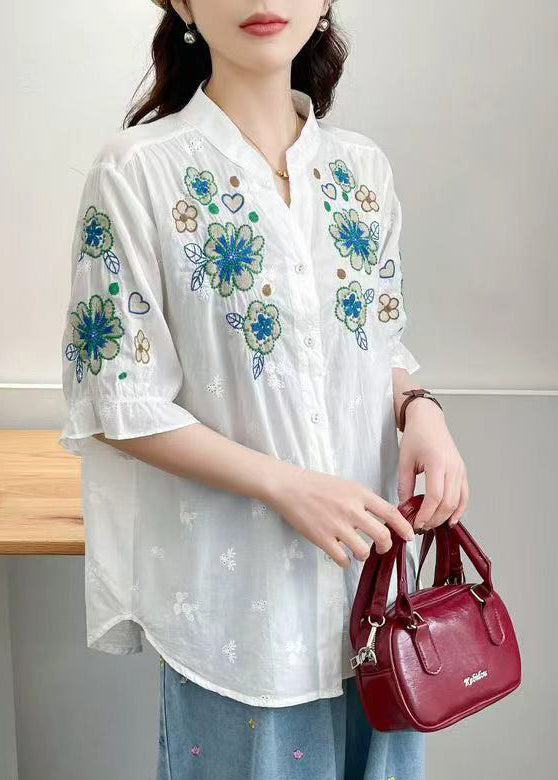 Women White Stand Collar Embroidered Cotton Tops Summer
