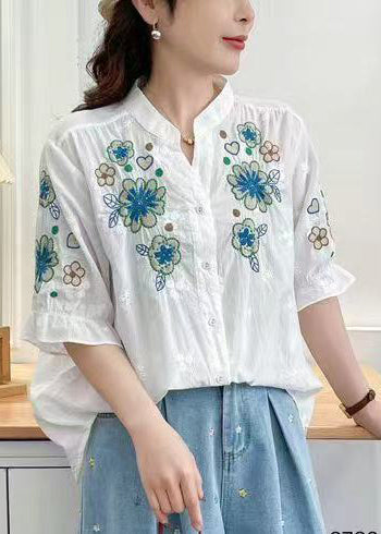 Women White Stand Collar Embroidered Cotton Tops Summer