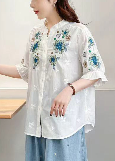 Women White Stand Collar Embroidered Cotton Tops Summer