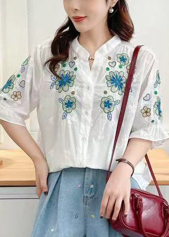 Women White Stand Collar Embroidered Cotton Tops Summer